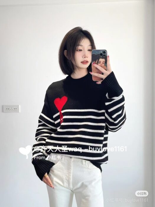 아미 빅 하트 로고 스트라이프 오버사이즈 인타르시아 스웨터 레플리카 미러급 SA급 S급 고퀄리티 하이엔드 최상급 의류 [남성여성공용] 2