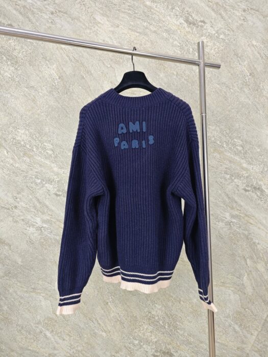 아미 점보 로고 배색 자카드 V넥 니트 네이비 레플리카 미러급 SA급 S급 고퀄리티 하이엔드 최상급 의류 [남성여성공용] 3
