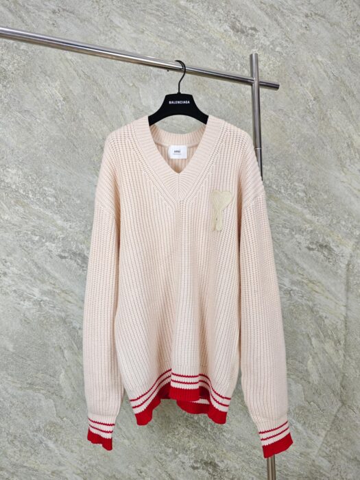 아미 점보 로고 배색 자카드 V넥 니트 핑크 레플리카 미러급 SA급 S급 고퀄리티 하이엔드 최상급 의류 [남성여성공용]