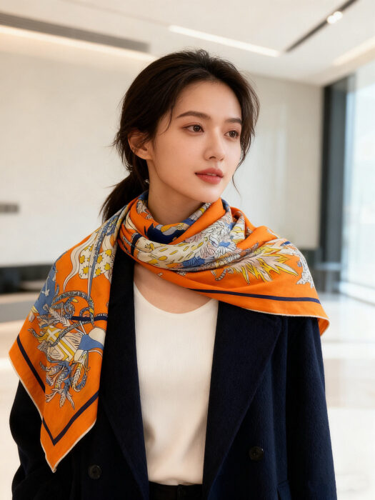 에르메스 아트 동물 스퀘어 스카프 오렌지 70%캐시미어 30%실크 레플리카 미러급 SA급 S급 고퀄리티 최상급 하이엔드 [여성]