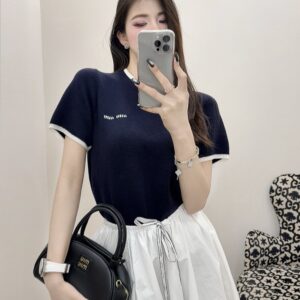 미우미우 캐시미어 크루넥 스웨터 블루 페이크 레이어링 니트 레플리카 미러급 SA급 S급 고퀄리티 하이엔드 최상급 의류 [여성]