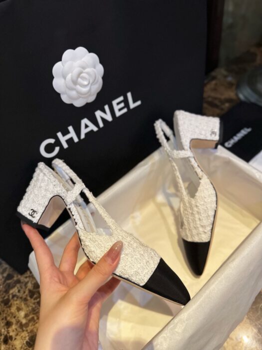 샤넬 레플리카 23SS 코튼 트위드 투톤 슬링백 펌프스 [화이트] 8