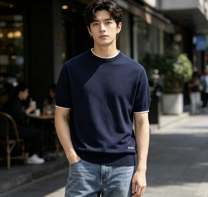 프라다 밑단 모노그램 자카드 단색 니트 반팔티 네이비 레플리카 미러급 SA급 S급 고퀄리티 하이엔드 최상급 의류 [남성여성공용]