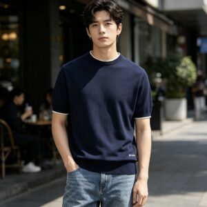 프라다 밑단 모노그램 자카드 단색 니트 반팔티 네이비 레플리카 미러급 SA급 S급 고퀄리티 하이엔드 최상급 의류 [남성여성공용]