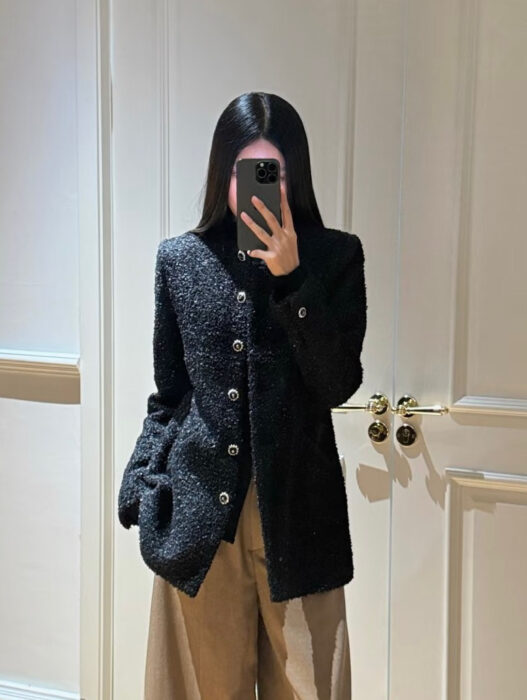 샤넬 글리터 트위드 미디 롱 자켓 블랙 레플리카 미러급 SA급 S급 고퀄리티 하이엔드 최상급 의류 [여성]