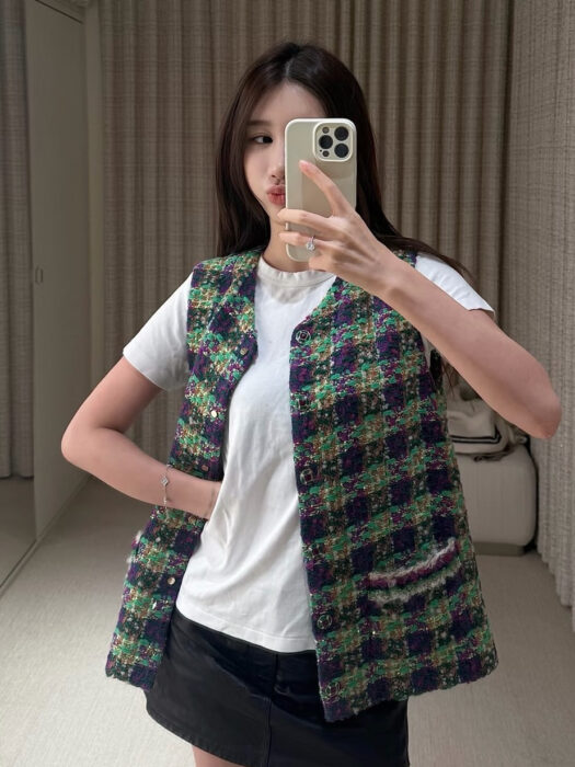 샤넬 배색 체크 트위드 조끼 베스트 그린 레플리카 미러급 SA급 S급 고퀄리티 하이엔드 최상급 의류 [여성]