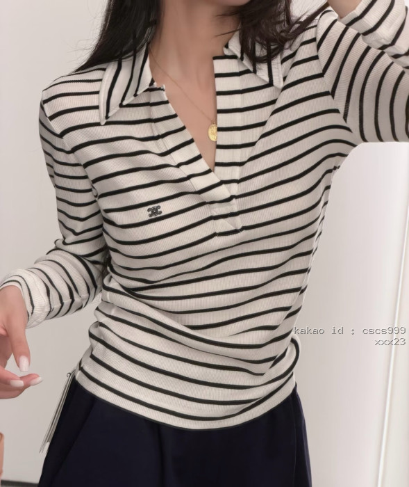 셀린느 블랙 & 화이트 스트라이프 폴로 긴팔 티셔츠 레플리카 미러급 SA급 S급 고퀄리티 하이엔드 최상급 의류 [여성] [셀럽] 2
